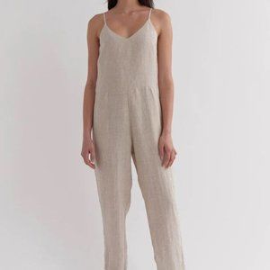 100% Linen Beige Jumpsuit, overalls, Assembly Label